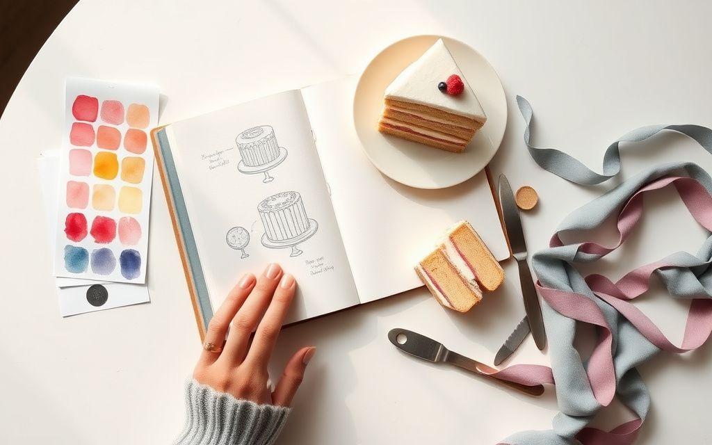 Cake design sketchbook with watercolour swatches