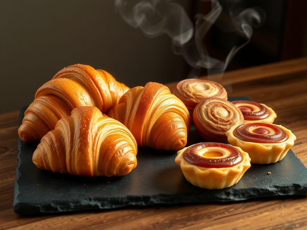 Slate board of croissants, kaya buns and egg tarts