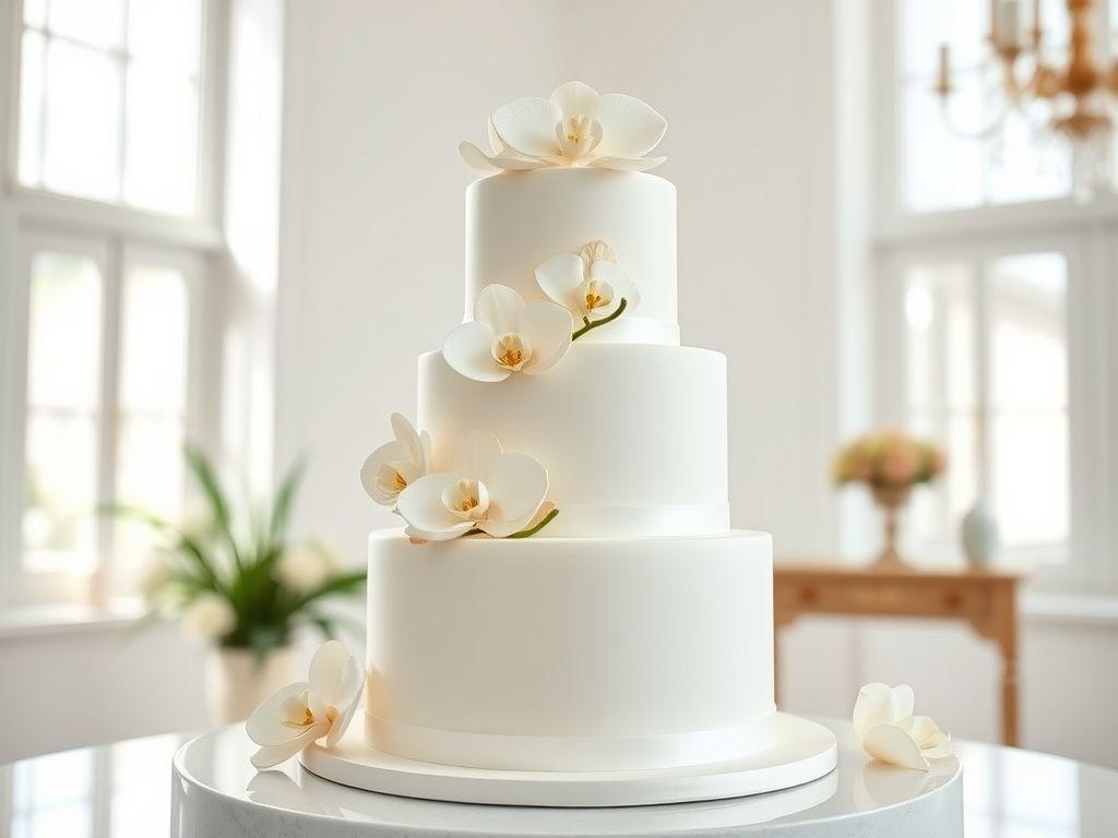Three-tier bespoke wedding cake with sugar orchids and gold leaf